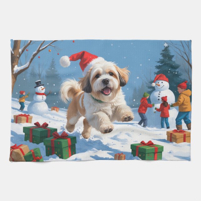 Linge De Cuisine Lhasa Apso courant dans la neige avec un chapeau d (Horizontal)