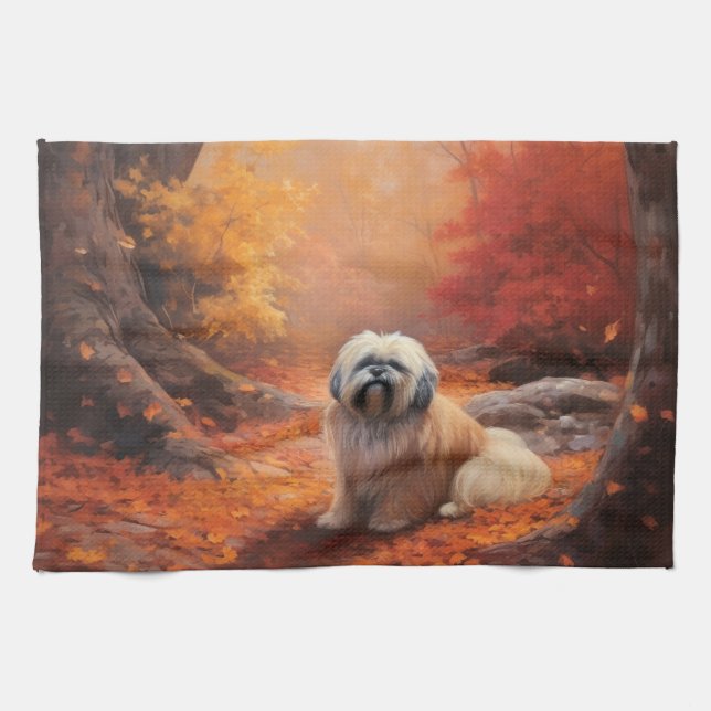 Linge De Cuisine Lhasa Apso dans les feuilles d'automne tombent ins (Horizontal)