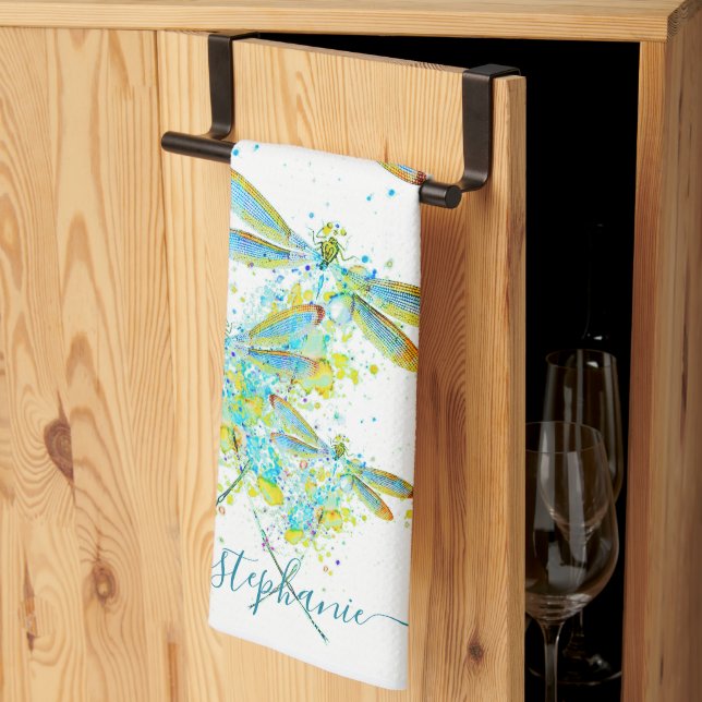 Linge De Cuisine Libellule sarcelle éclaboussure personnalisée  (Pliage en tiers)