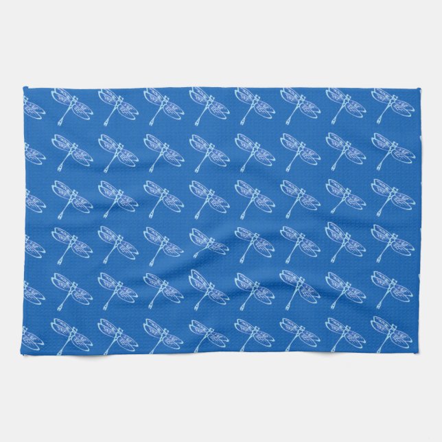 Linge De Cuisine Libellules, bleu pâle sur bleu denim (Horizontal)