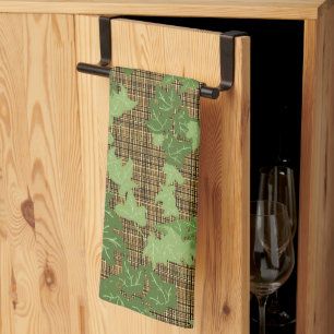 Linge De Cuisine Lierre vert sur plaid doré noir