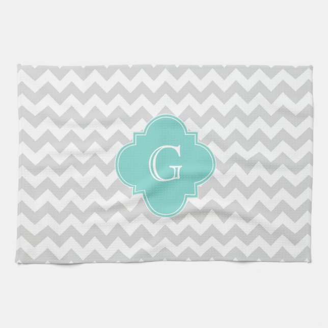 Linge De Cuisine Light Gray White Chevron Aqua Quatrefoil monogram (Horizontal)