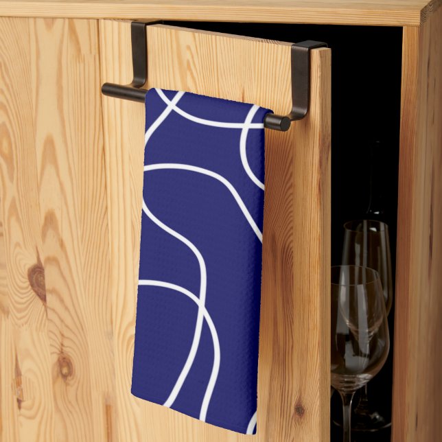 Linge De Cuisine Ligne Art : Blanc sur Bleu foncé (Pliage en tiers)