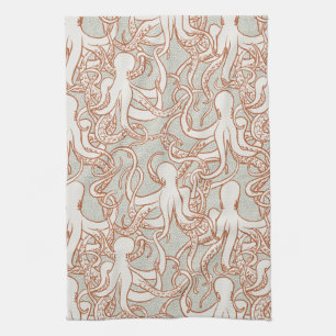 Linge De Cuisine Ligne Art Octopus Moderne Côtière (Orange & Gris