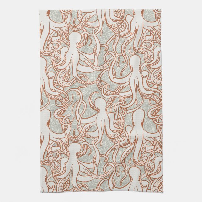 Linge De Cuisine Ligne Art Octopus | Moderne Côtière (Orange & Gris (Vertical)