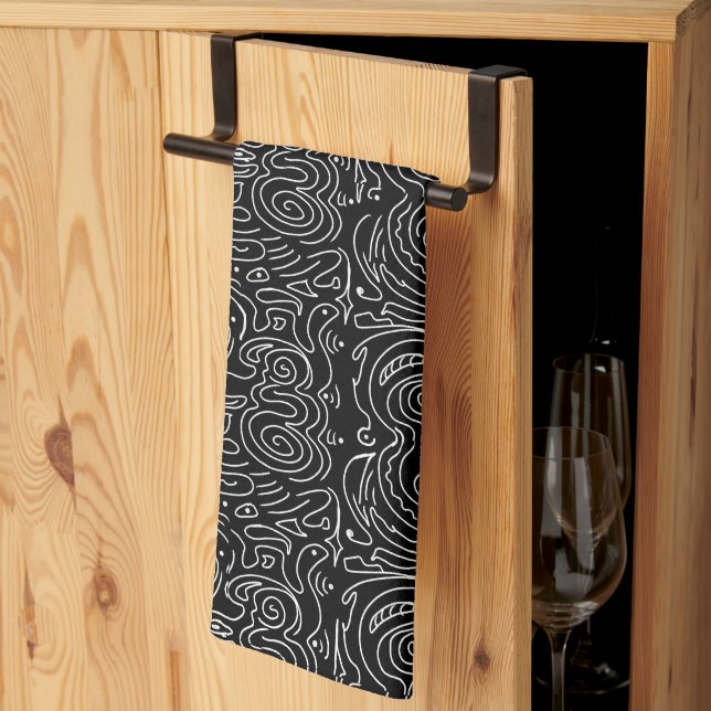 Linge De Cuisine Lignes blanches tourbillonnantes sur fond noir (Pliage en tiers)