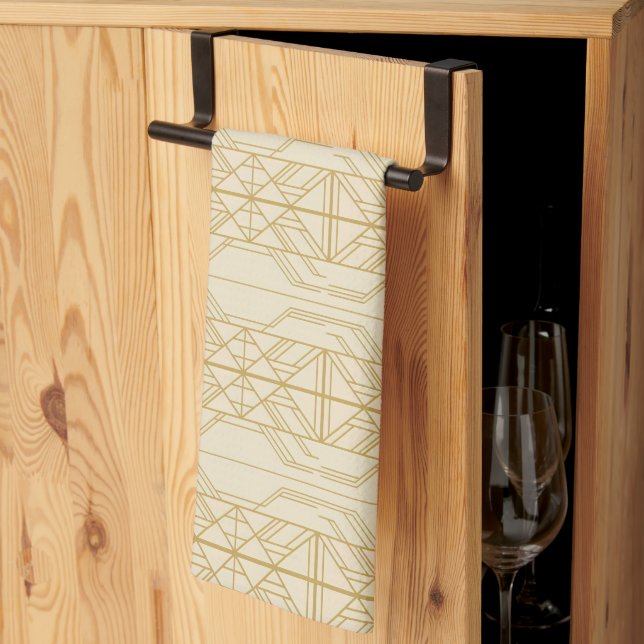 Linge De Cuisine lignes géométriques dorées sur fond beige (Pliage en tiers)