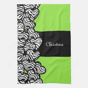 Linge De Cuisine Lime vert noir blanc zèbre motif nom du coeur