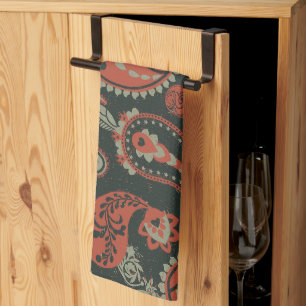 Linge De Cuisine Linocut Traditionnel Paisley Chaud Orange Mint Ver