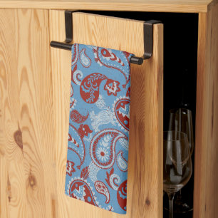 Linge De Cuisine Linocut traditionnel Paisley Rouge Bleu Blanc