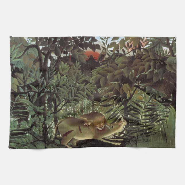 Linge De Cuisine Lion affamé par Henri Rousseau, animal sauvage Vin (Horizontal)