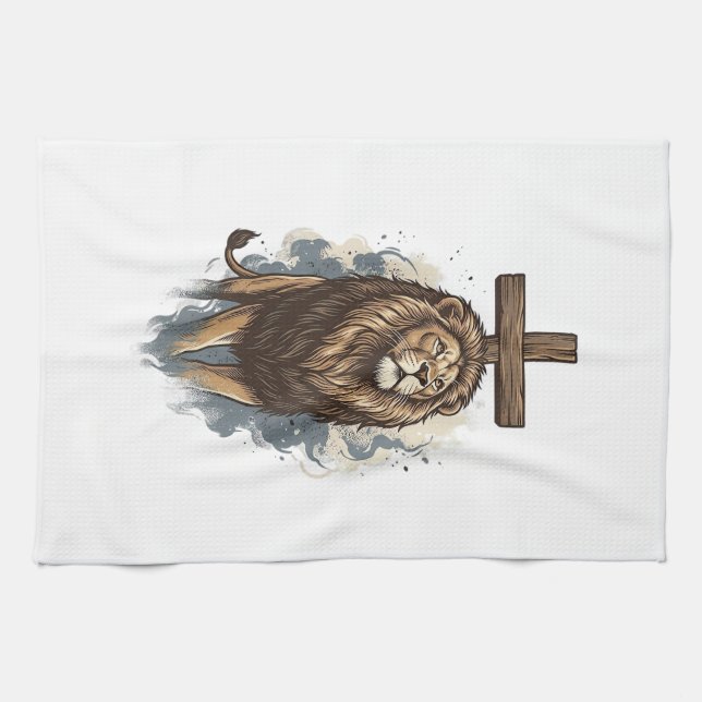 Linge De Cuisine Lion chrétien et croix vintage (Horizontal)