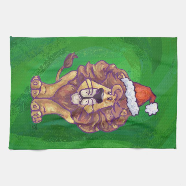 Linge De Cuisine Lion Christmas on Green (Horizontal)
