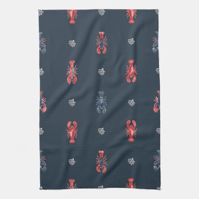 Linge De Cuisine Lobster and Sea Coral Pattern on Navy (Vertical)