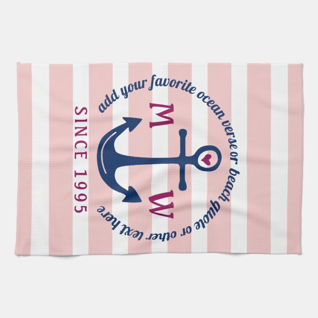 Linge De Cuisine Logo du monogramme nautique en Ancre rose du coeur (Horizontal)