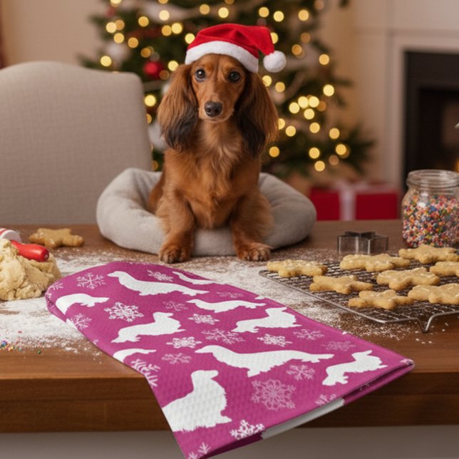 Linge De Cuisine Longue Cheveux Dachshund cadeau de Noël Fuchsia (Pink Christmas long hair dachshund hostess gift for long hair wiener dog moms)