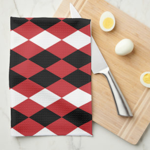 Linge De Cuisine Losange géométrique noir et blanc sur fond rouge