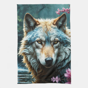 Linge De Cuisine Loup debout dans la rivière avec des fleurs