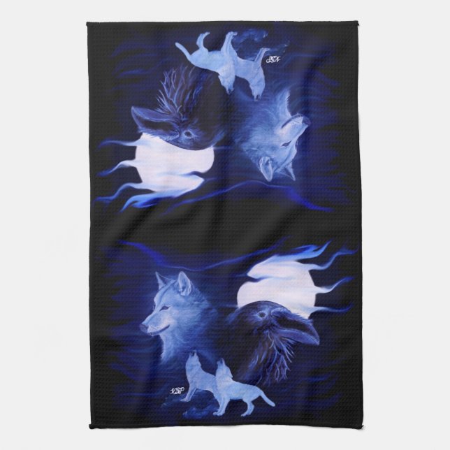 Linge De Cuisine Loup et corbeau avec pleine lune (Vertical)