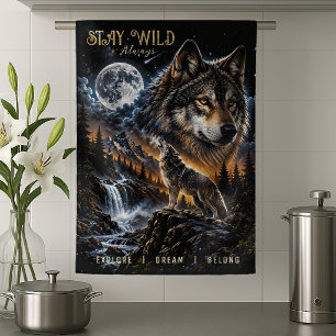 Linge De Cuisine Loup hurlant à la lune Forêt Faune Nature