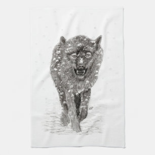Linge De Cuisine Loup noir en colère dans la neige, hiver sauvage