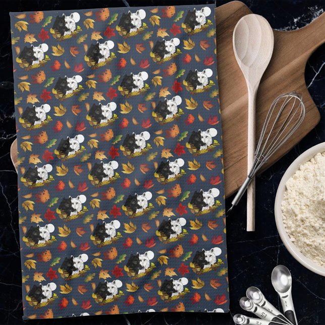 Linge De Cuisine Loups Blancs Noirs Clair de Lune Feuilles d'Automn (Créateur téléchargé)