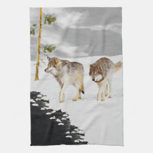 Linge De Cuisine Loups en peinture sur neige - Art original de la f