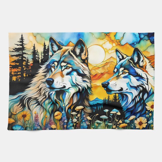 Linge De Cuisine Loups gris et Fleurs sauvages (Horizontal)