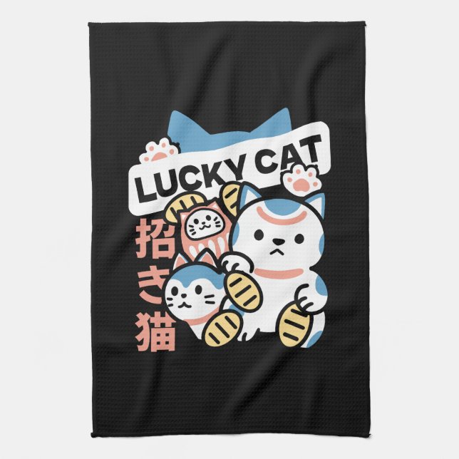 Linge De Cuisine Lucky Cat Art – Maneki Neko with Gold Coin (Vertical)