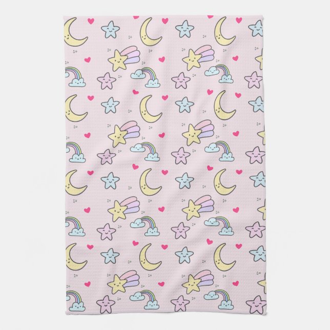 Linge De Cuisine Lune, étoiles et nuages Motif sur Pastel Pink (Vertical)