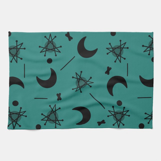 Linge De Cuisine Lunes et étoiles L'ère atomique Turquoise Abstrait (Horizontal)
