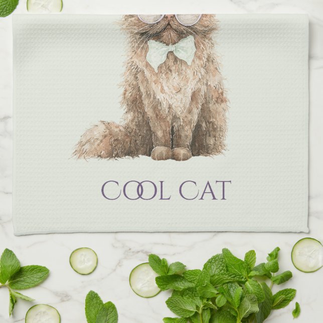 Linge De Cuisine Lunettes Cool Cat Marron Violet Menthe   (Plié)