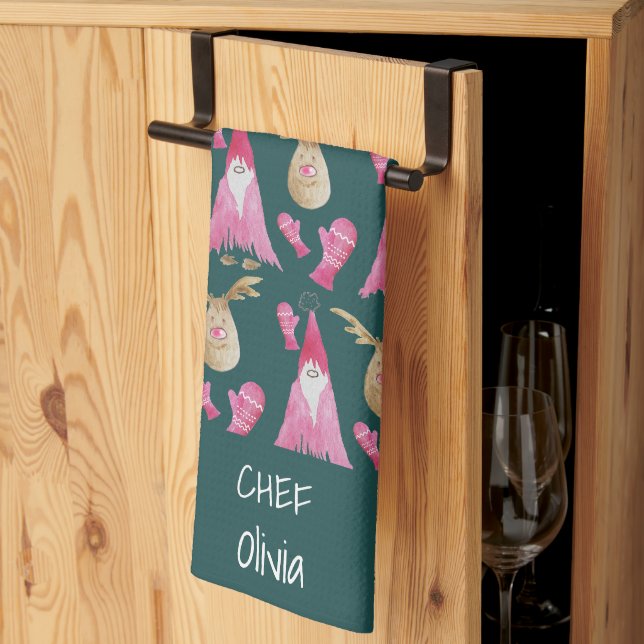 Linge De Cuisine Lutins de Noël et rennes avec gants (Pliage en tiers)