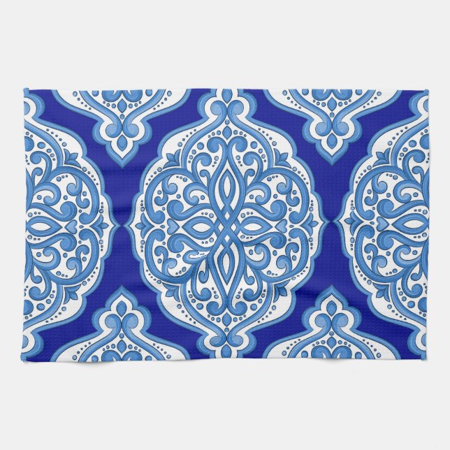 Linge De Cuisine Luxe blanc-bleu, ornement turc. (Horizontal)