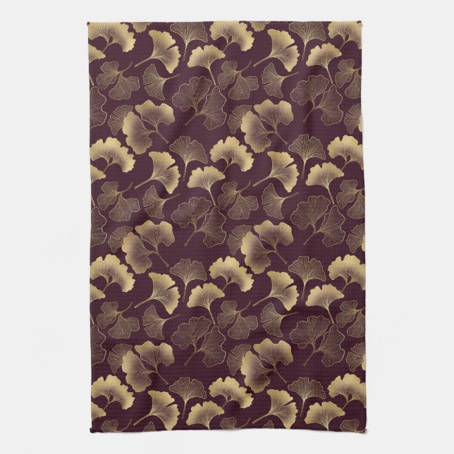 Linge De Cuisine Luxueux Ginkgo Bourguignon Or (Vertical)