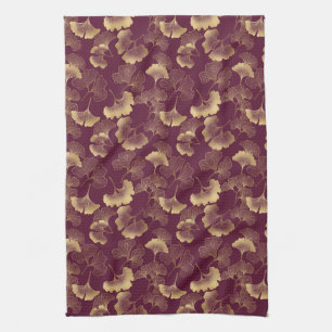Linge De Cuisine Luxueux Ginkgo Burgundy Or