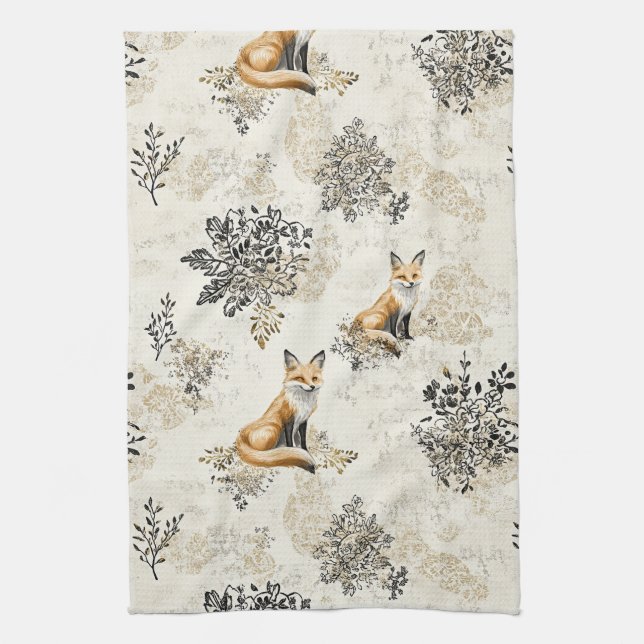 Linge De Cuisine Luxury Black & Gold Botanical Fox Art (1) (Vertical)