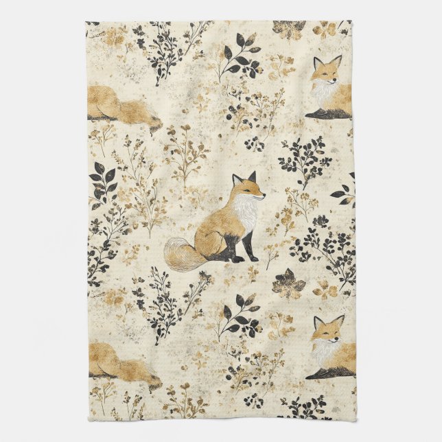 Linge De Cuisine Luxury Black & Gold Botanical Fox Art (2) (Vertical)