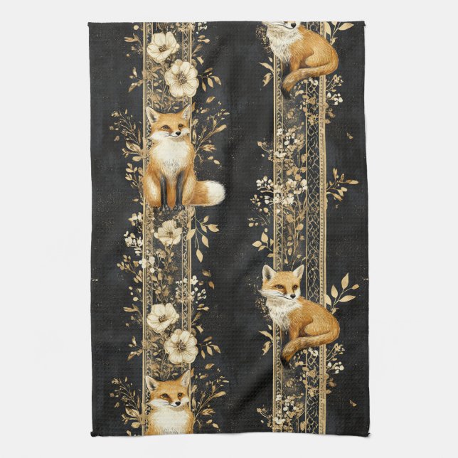 Linge De Cuisine Luxury Black & Gold Botanical Fox Pattern (2) (Vertical)