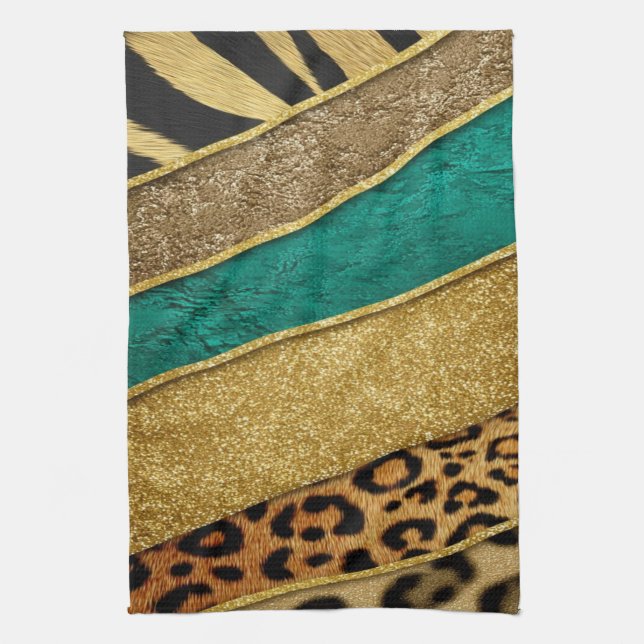 Linge De Cuisine Luxury Emerald & Gold Safari Leopard Zebra Glitter (Vertical)