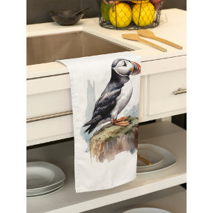 Linge De Cuisine Macareux sur un Rocher Aquarelle, personnalisé