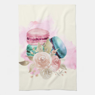 Linge De Cuisine Macarons et fleurs colorés Aquarelle