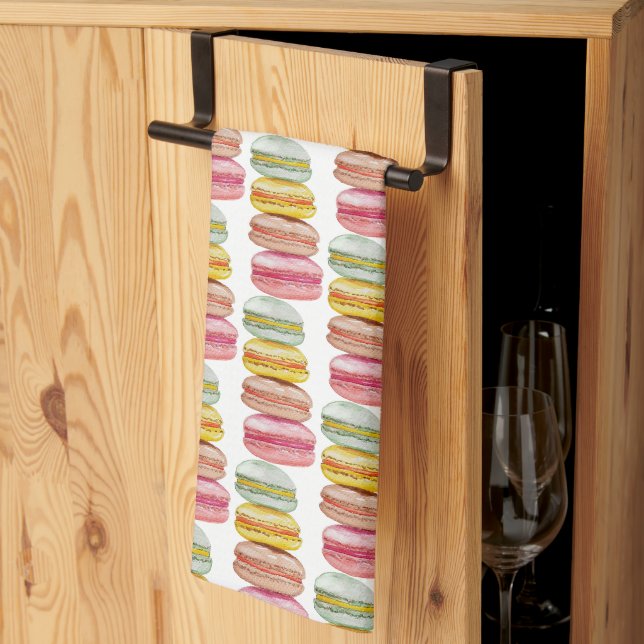 Linge De Cuisine Macarons français aquarelle peints à la main (Pliage en tiers)
