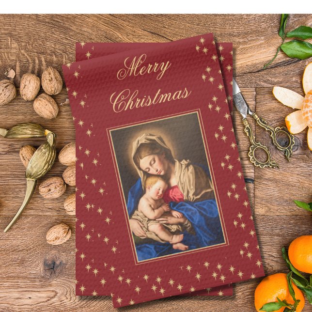 Linge De Cuisine Madonna & Enfant Décorations religieuses de Noël (Red and gold, religious Christmas kitchen towels with Madonna and Child for Catholics and Christians)