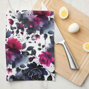 Linge De Cuisine Magenta rose et bleu floral encre aquarelle