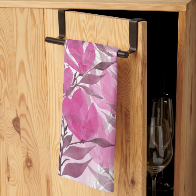 Linge De Cuisine Magnolia Aquarelle Rustique et Rose (Pliage en tiers)