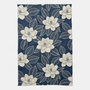 Linge De Cuisine Magnolia Moderne Floral Fleurie Ivoire Bleu Minuit