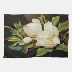 Linge De Cuisine Magnolias géant sur un tissu de velours bleu par M