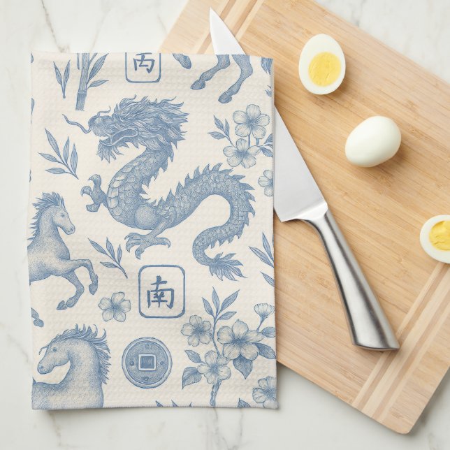 Linge De Cuisine Mahjong Toile Kitchen Towel - Horses and Dragons (Quart Plié)
