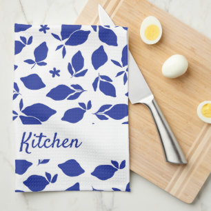 Linge De Cuisine Main personnalisée dessinée citrons bleu italien